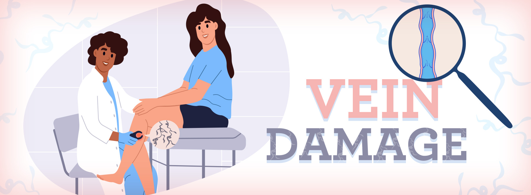 Illustration of Medical professional assessing a patient for chronic venous insufficiency and advising on vein damage prevention.